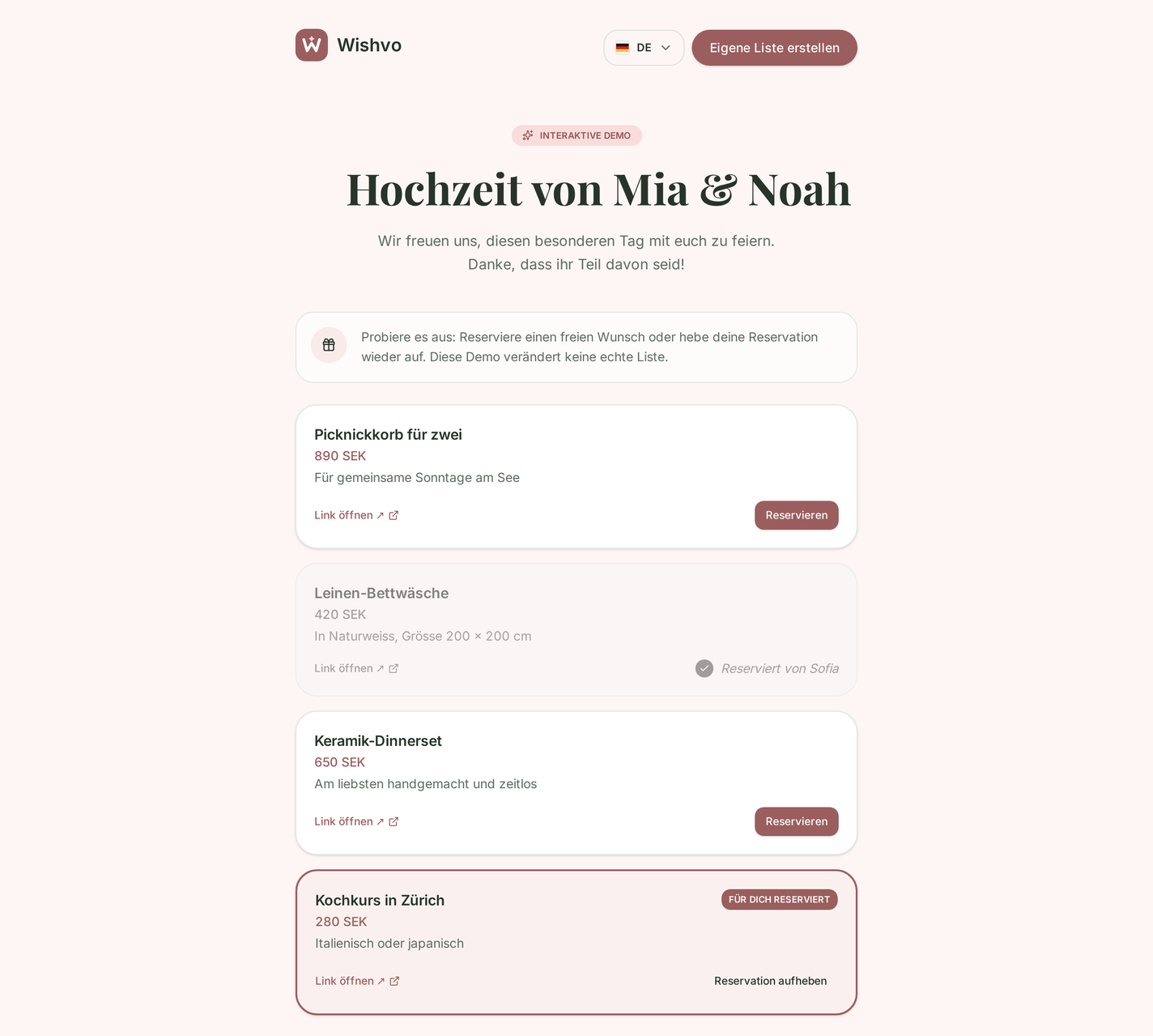 Vorschau einer Wishvo-Wunschliste mit reservierbaren Geschenken